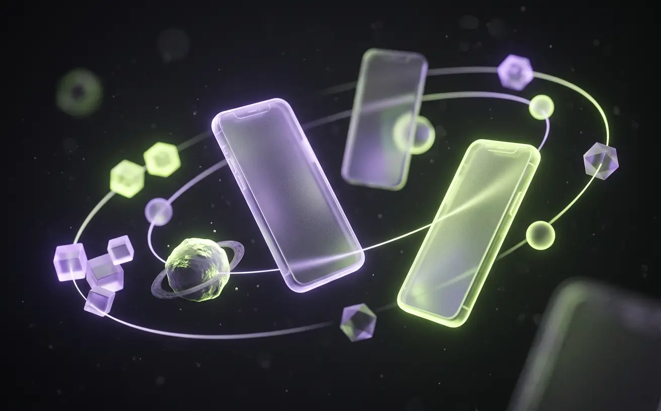 Glass smartphones orbited by floating game pieces